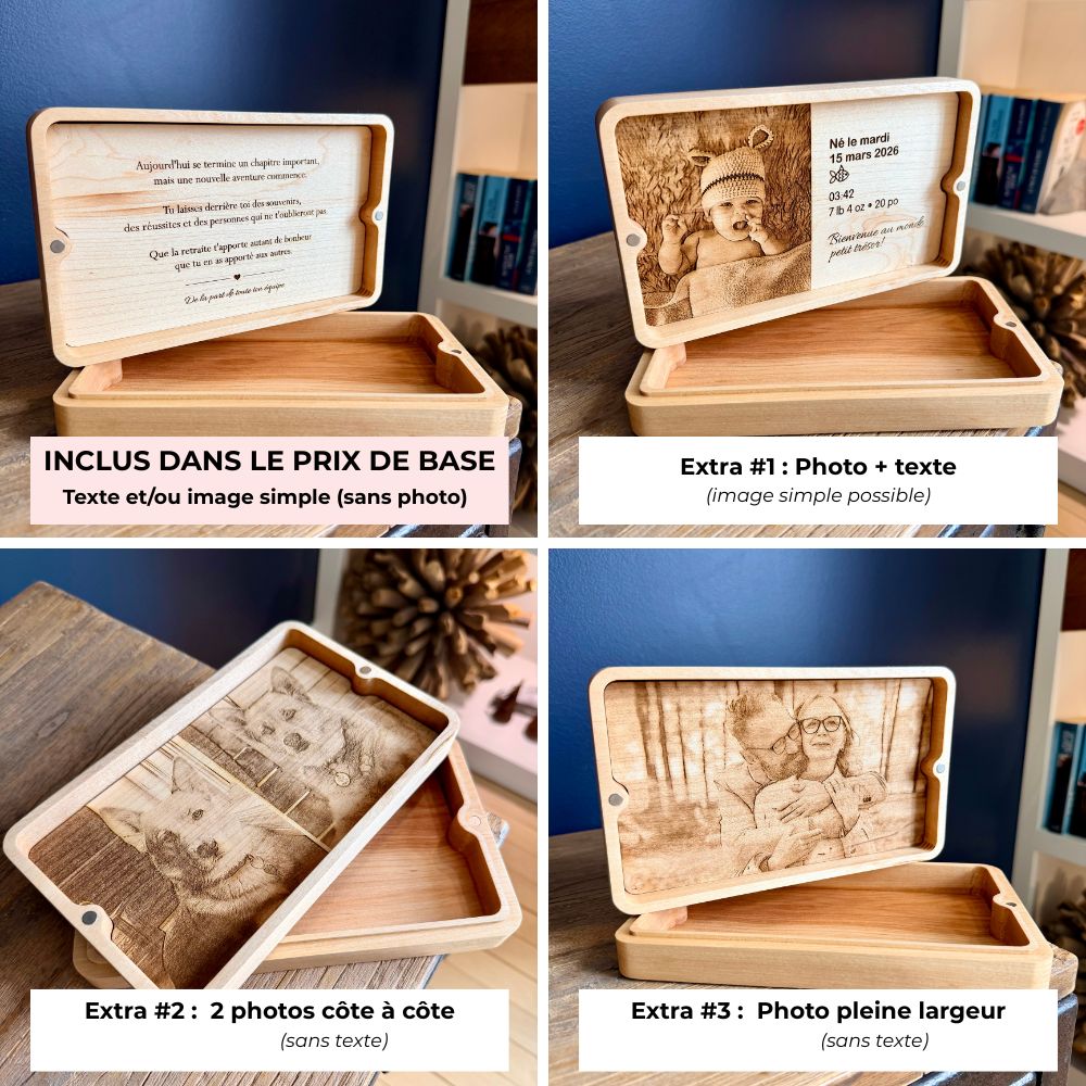 4 options de gravure sous le couvercle de la boîte en bois personnalisée- texte-image-photos ou combinaisons- BoisFrancK