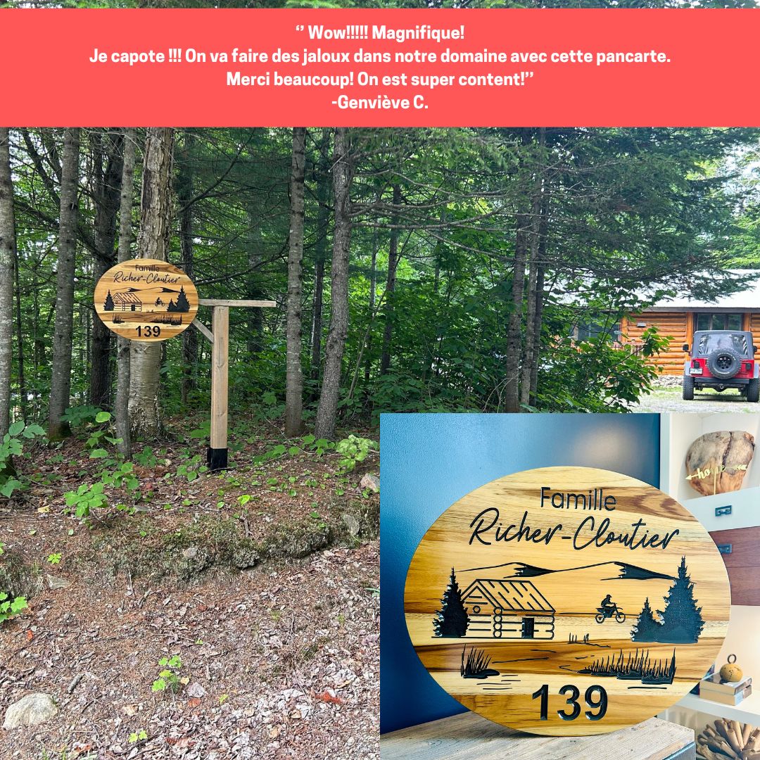 Panneau extérieur pour chalet- pancarte extérieure- faite au qc- Famille Richer-Cloutier- chalet bois rond-moto-BoisfrancK