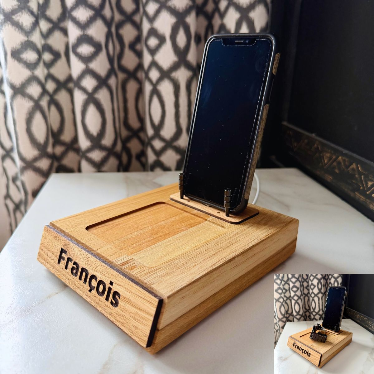 Station téléphone en bois personnalisée — plateau de dépôt et passage câble — BoisFrancK