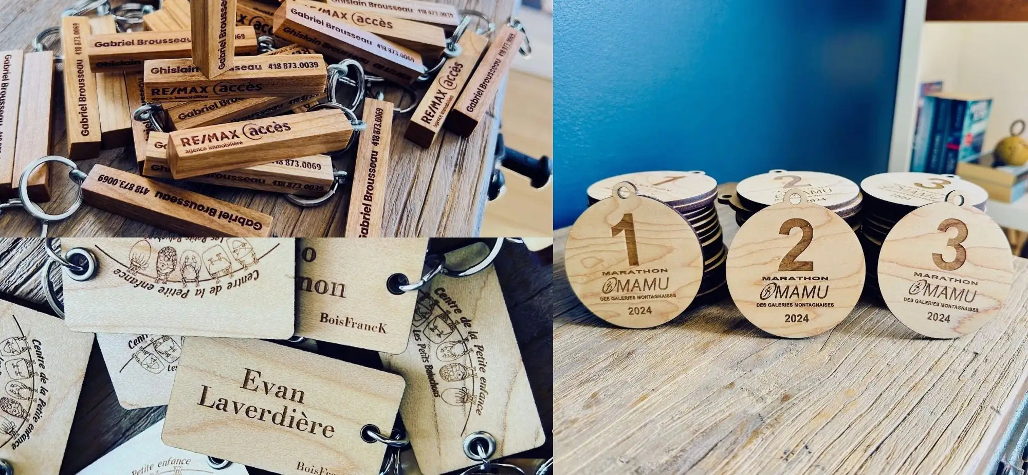 Montage photo portes-clés en bois personnalisés et médailles en bois - entreprise- BoisFrancK