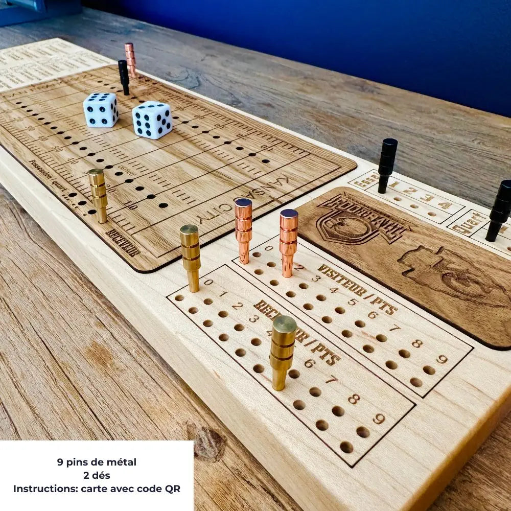 Jeu de football de table en bois — 9 pins métal, 2 dés et règlements inclus — BoisFrancK