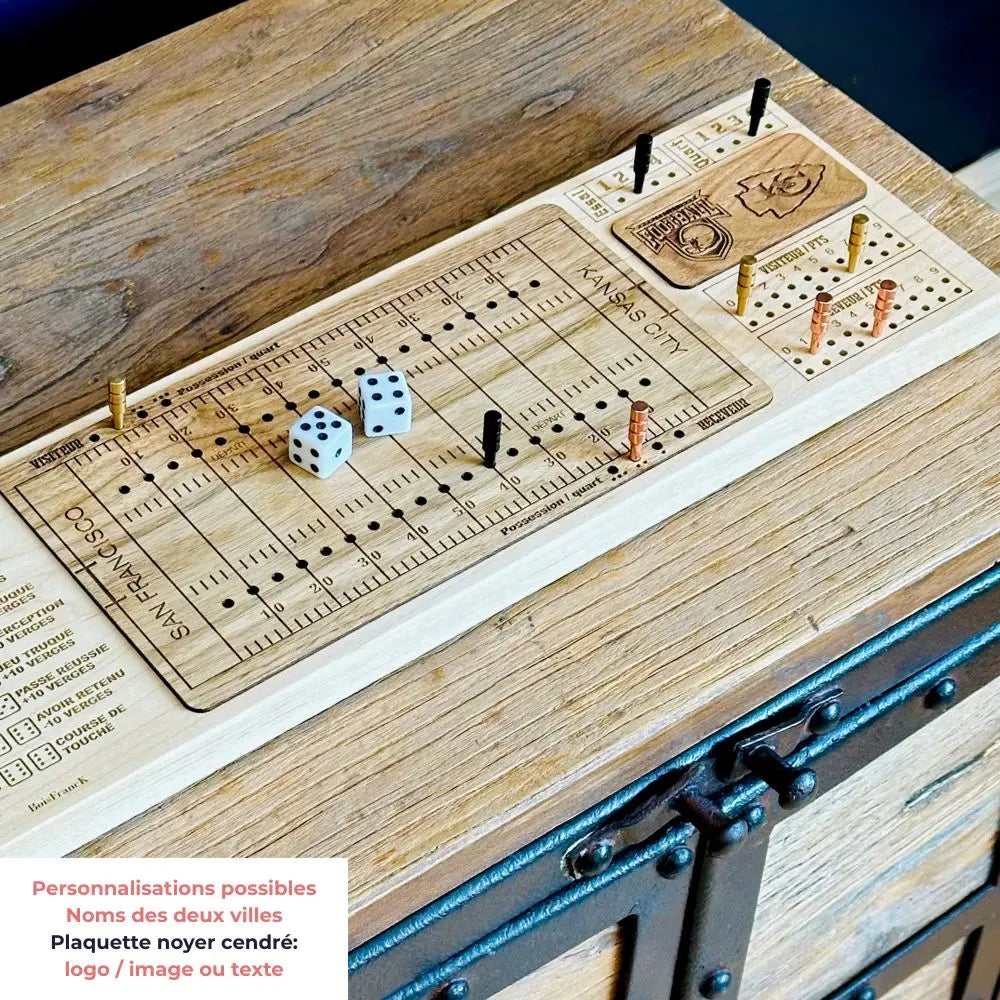 Jeu de football sur table personnalisé — plaquette noyer cendré logos et noms des villes — BoisFrancK