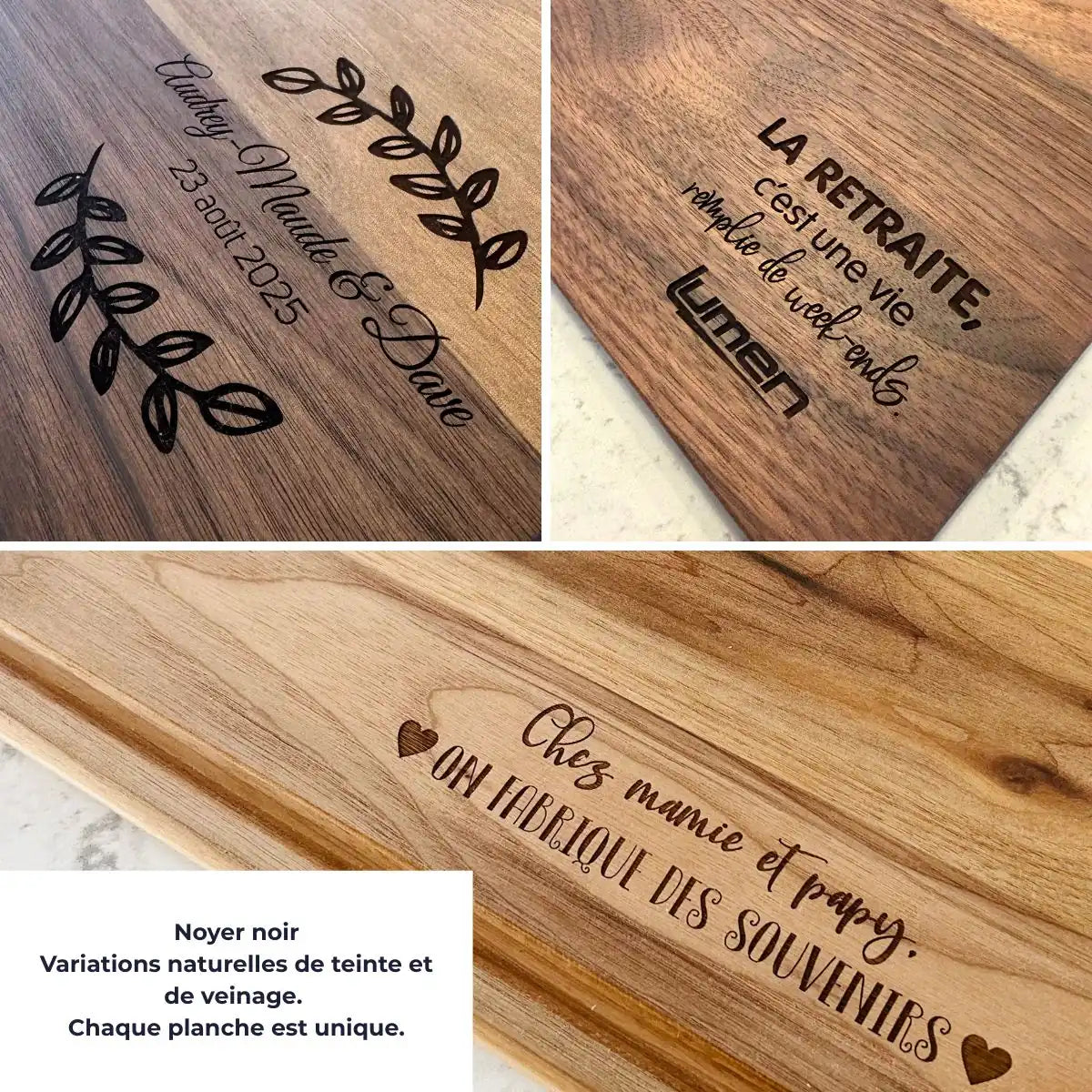 Différences de teintes et nuances du noyer noir - planche à découper en bois massif québec