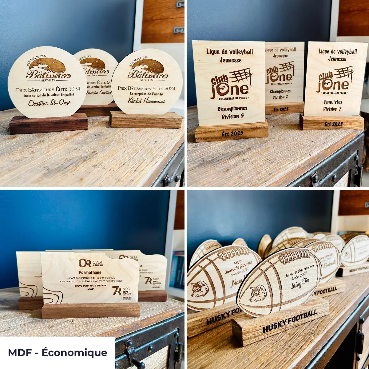 Trophée personnalisé en MDF avec base en bois massif, option économique pour projets en série