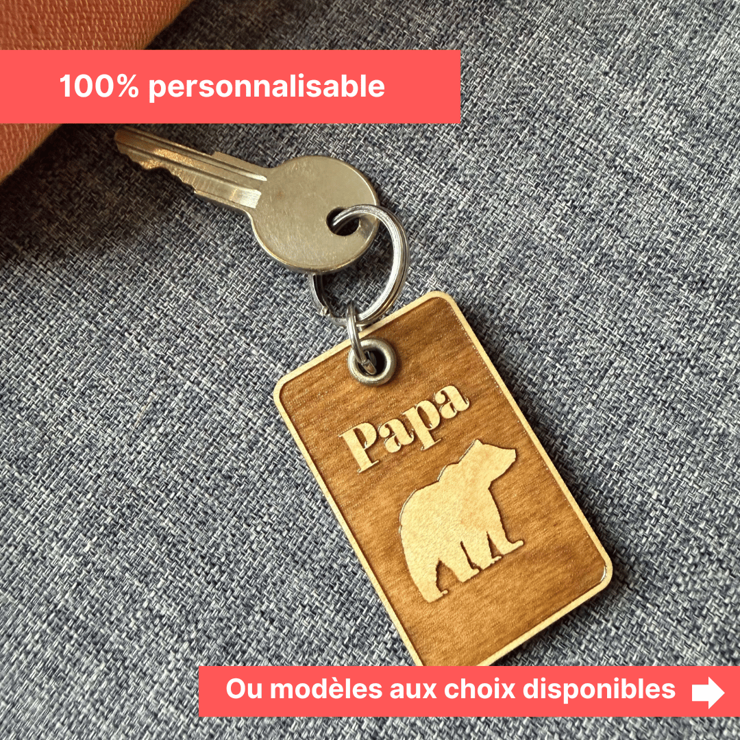 POrte-clé en bois personnalisé graé papa et image D'ours pour la fête des père- BoisFrancK