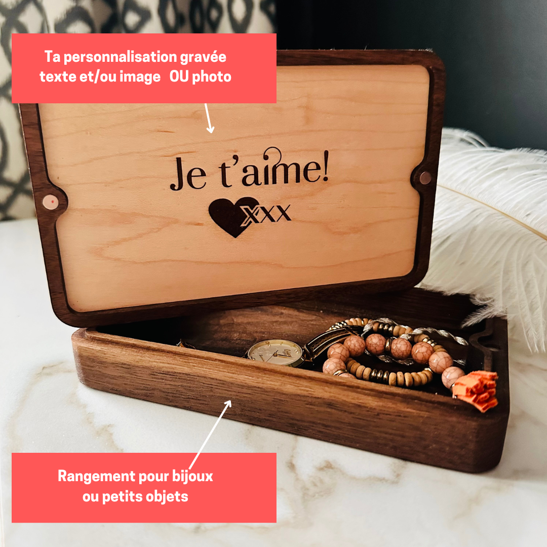 Intérieur personnalisé de la boîte à bijoux- en bois - noyer noir - gravée- BoisFrancK
