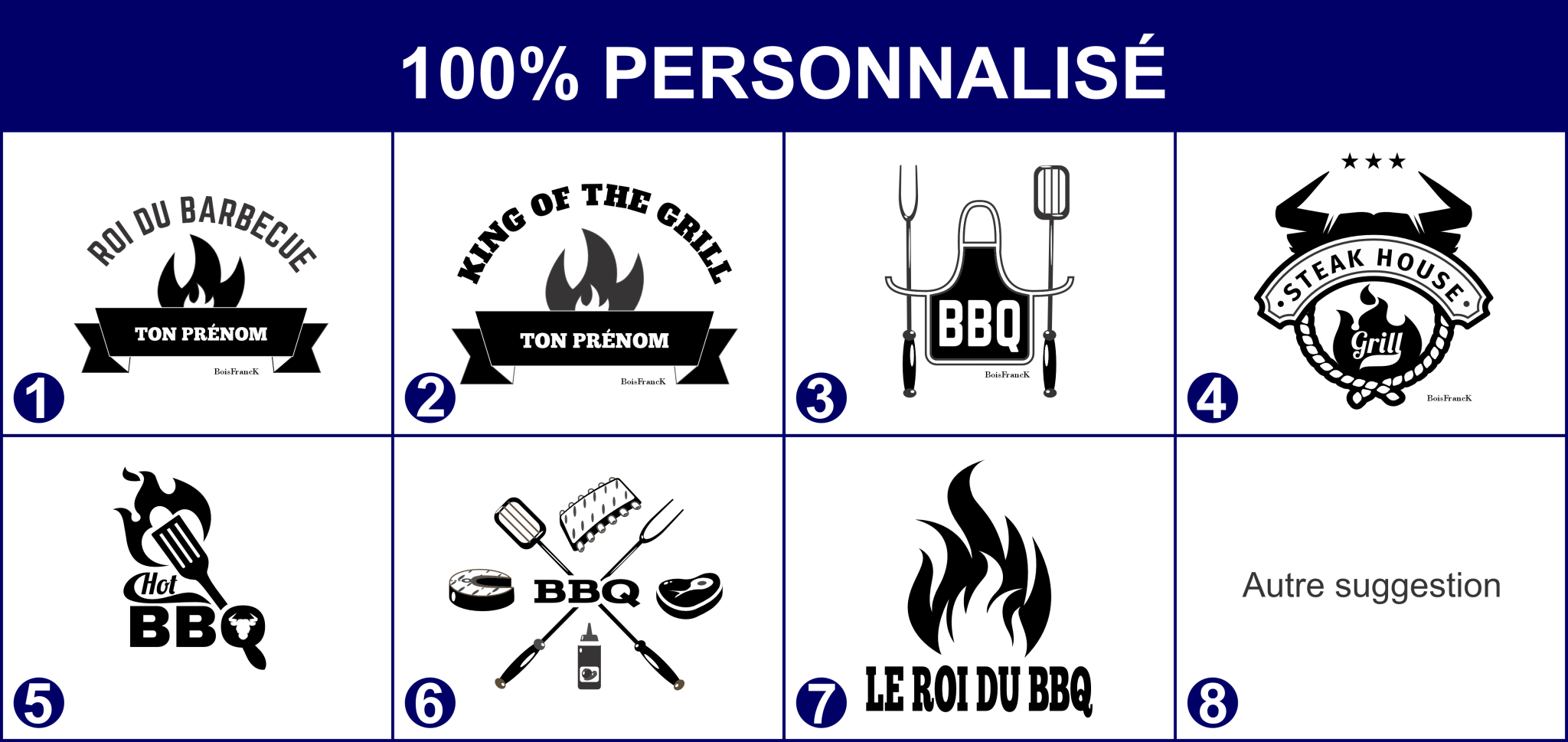Images proposées et à personnaliser pour les grattoir à bbq présentés dans un tableau- BoisFrancK