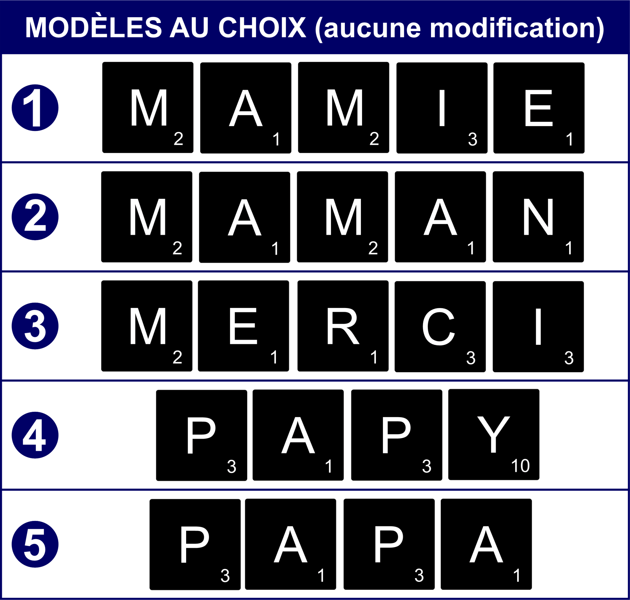 Modèles au choix possibles- mots en lettres de scrabble pré-définis- BoisFrancK