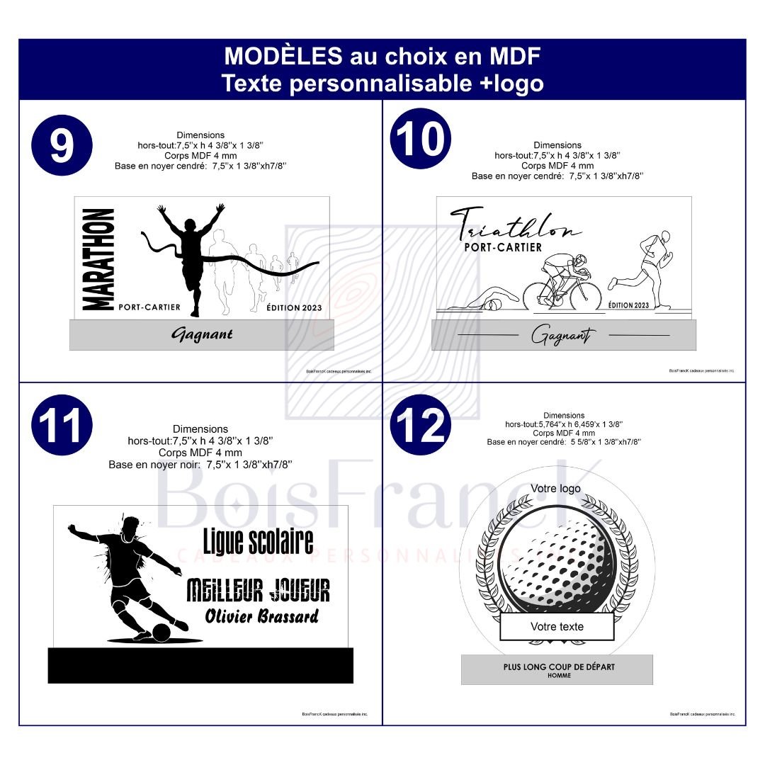 Tableau 1 des modèles au choix- trophées marathon-triathlon-soccer-golf--BoisFrancK