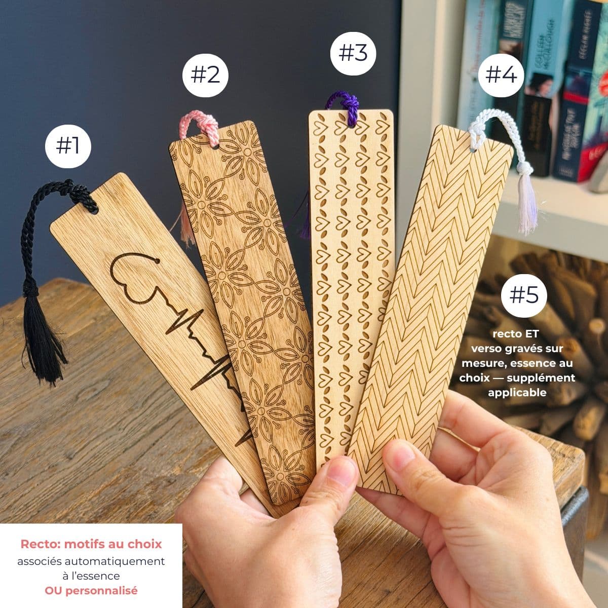 4 motifs verso signet en bois associés à l'essence + option verso entièrement personnalisé — BoisFrancK