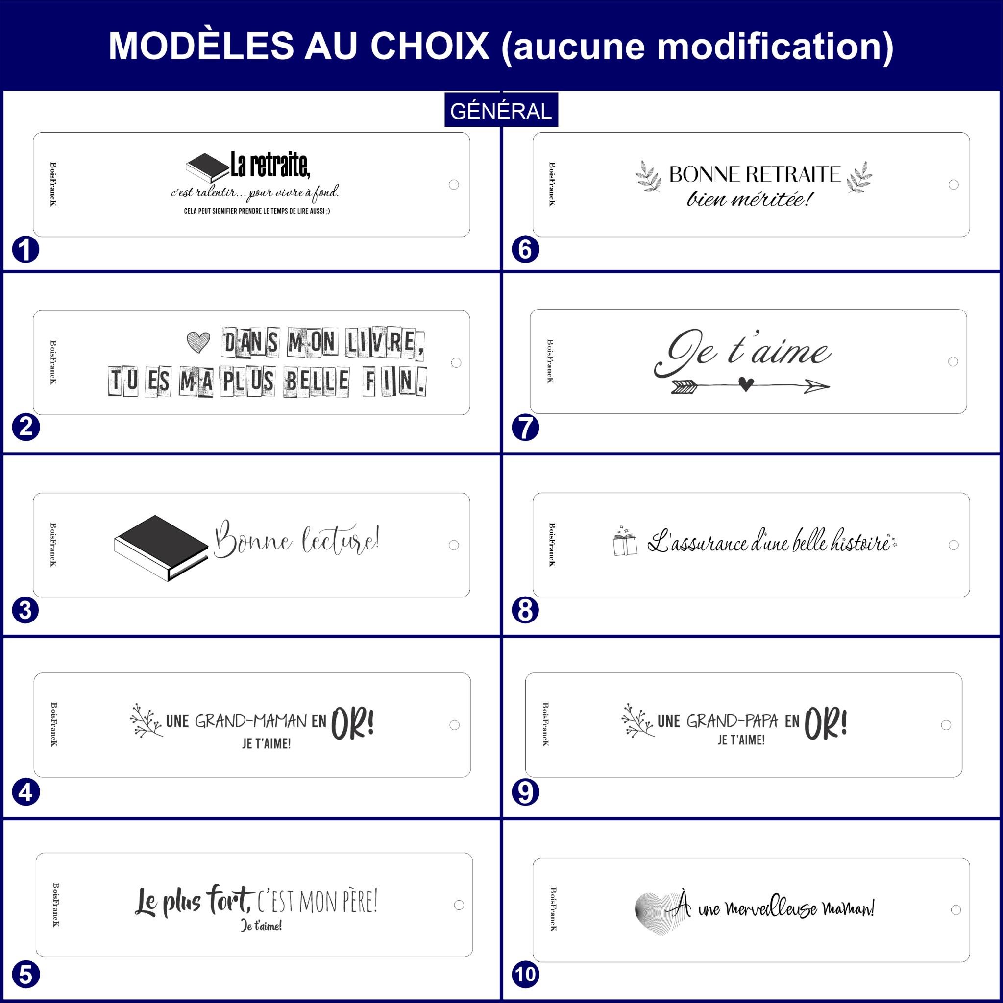 Modèles de signets personnalisés au choix-BoisFranCK-Catégorie Général