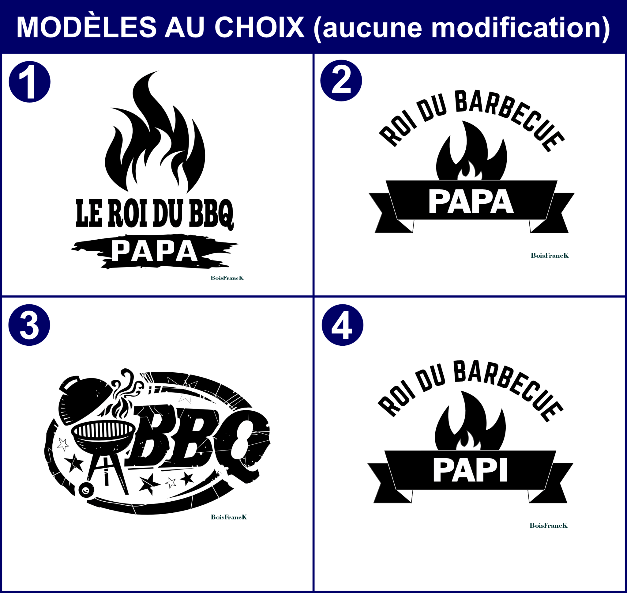 Modèles au choix pour la gravure du grattoir à BBQ présentés dans un tableau- BoisFrancK