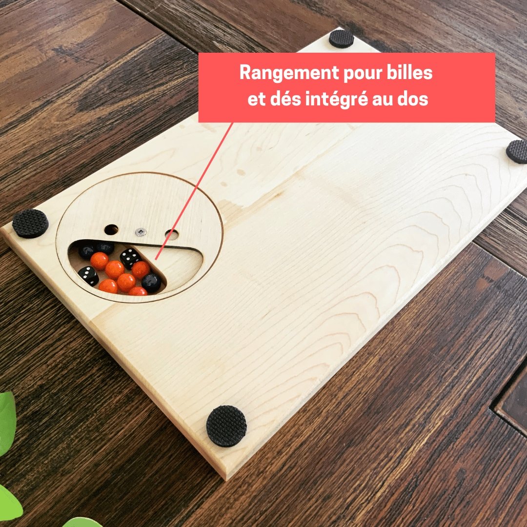 Jeu de baseball sur table de luxe en bois personnalise-rangement billes et dés derriere-BoisFrancK
