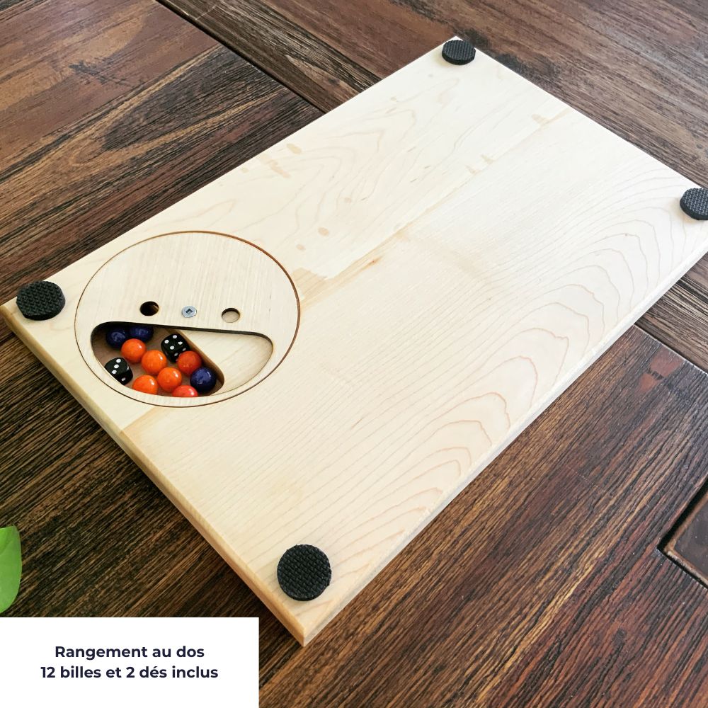 Jeu de baseball sur table de luxe en bois personnalise-rangement billes et dés derriere-BoisFrancK