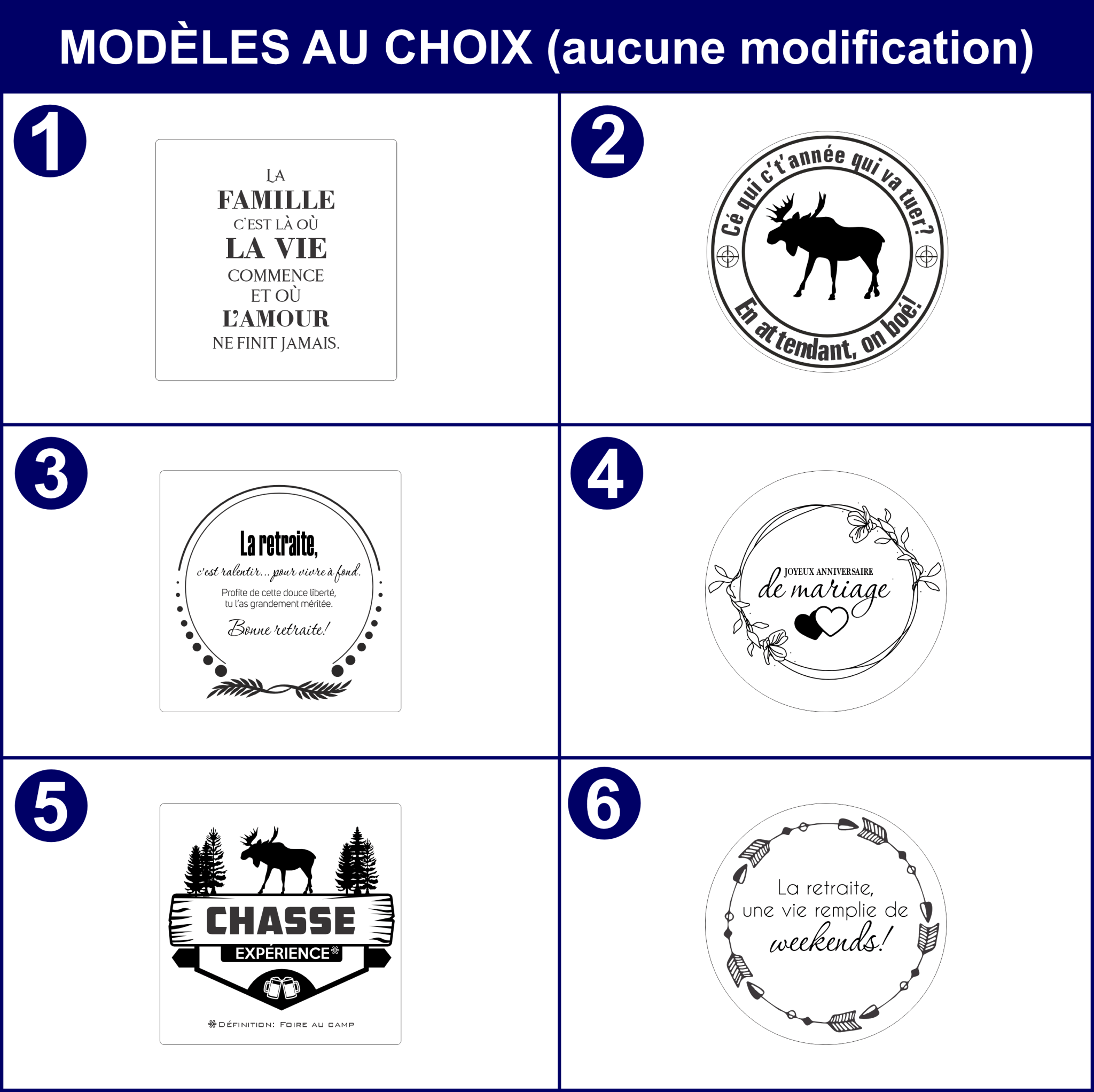 Modèles au choix proposés pour des sous-verres en bois personnalisés disposés dans un tableau - BoisFrancK