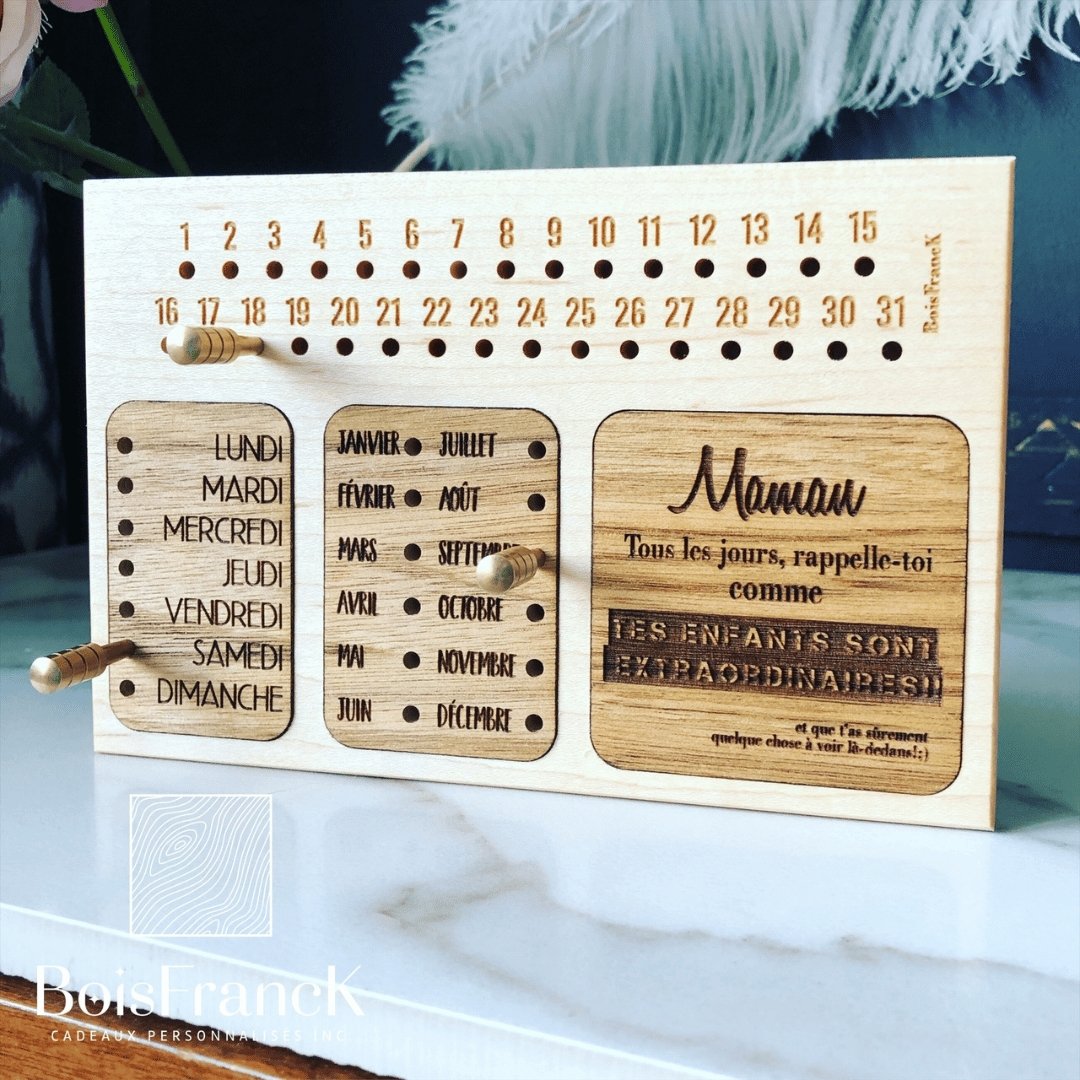 Calendrier perpétuel en bois personnalisé en érable avec mois, jour et jours de la semaine sur de l'érable massif- BoisFrancK