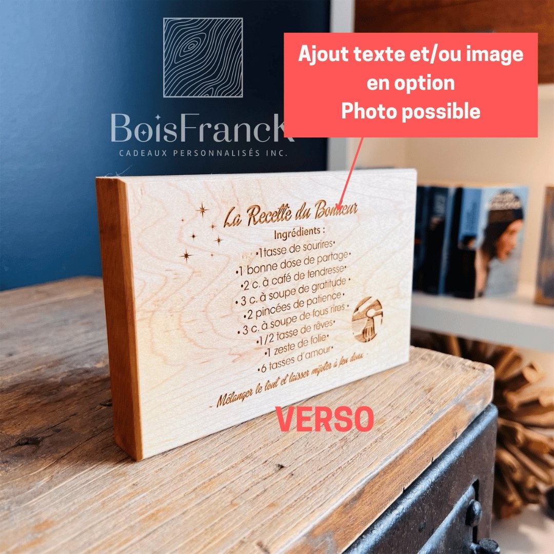 Exemple d'un verso personnalisé avec la recette du bonheur sur le calendrier perpétuel en bois- BoisFrancK