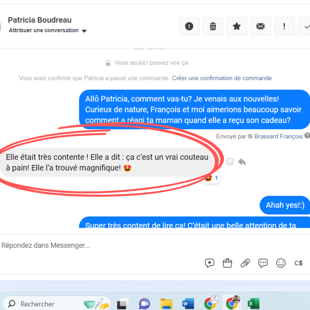 Photo d'un témoignage sur le couteau en bois personnalisé mettant de l'avant que ça c'est un vrai couteau! - BoisFrancK
