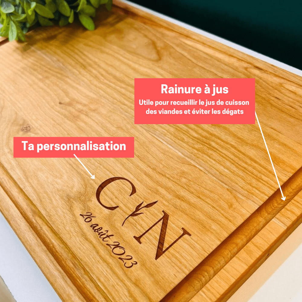 Planche a decouper en cerisier unie personnalisee-rainure a jus-avantage-BoisFrancK