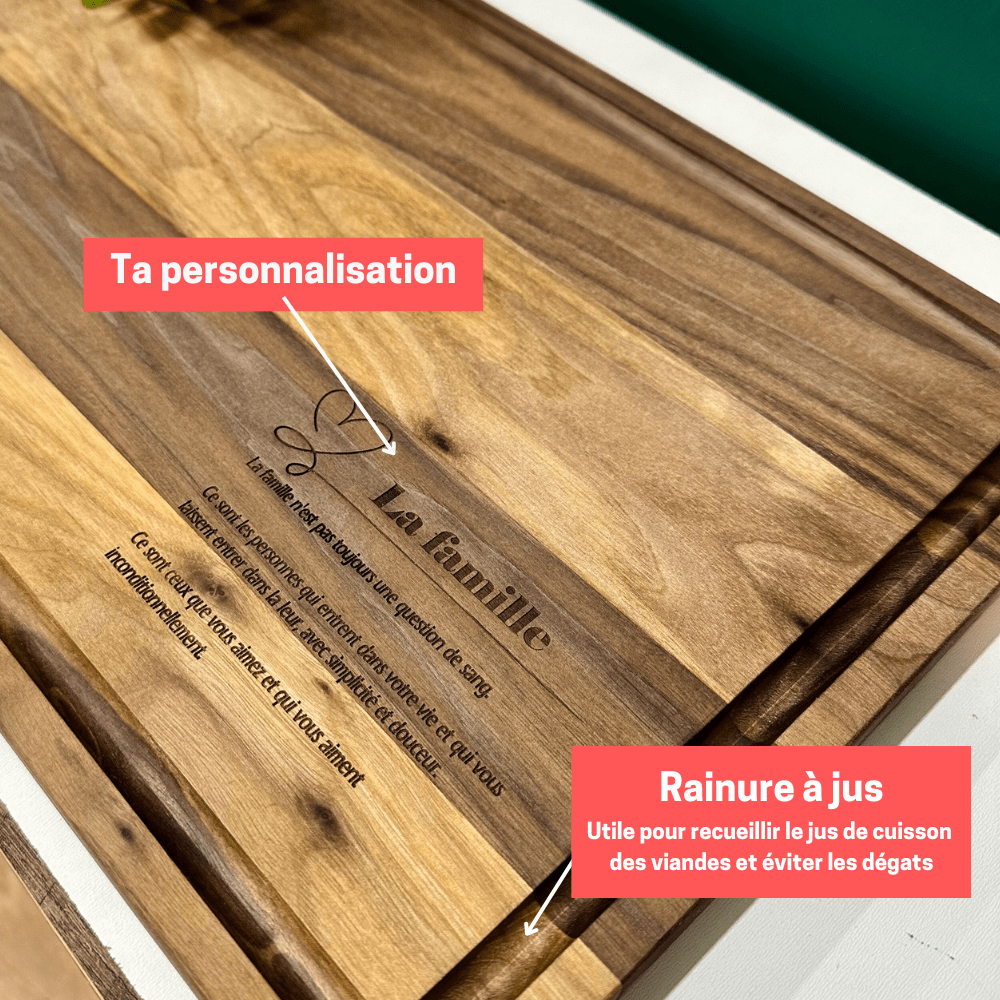 Planche a decouper en noyer noir uniepersonnalisee-rainure a jus-avantage-BoisFrancK_