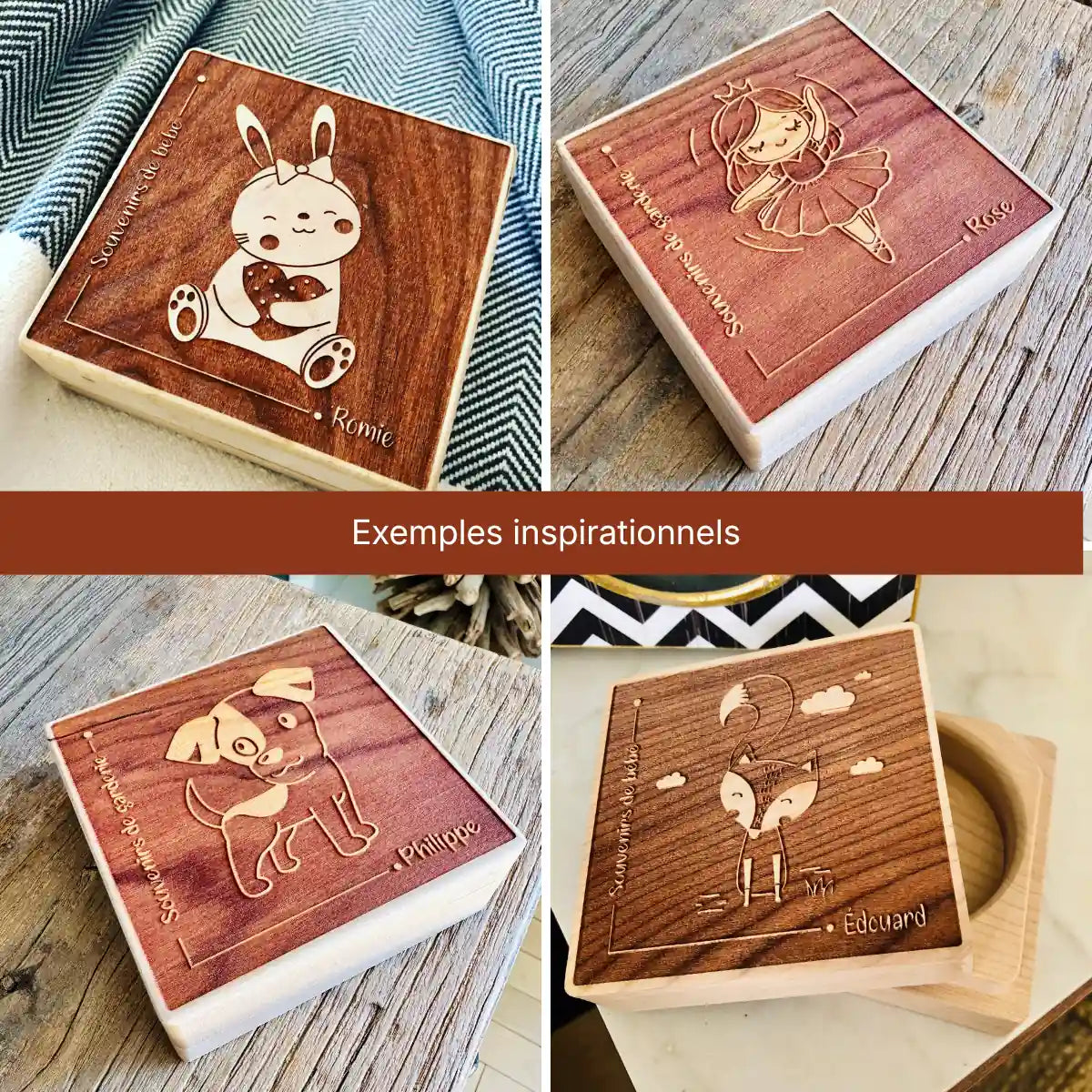 Exemples boîtes souvenirs pour bébé personnalisées : lapin Romie - Ballerine Rose, chien Philippe - Renard Édouard
