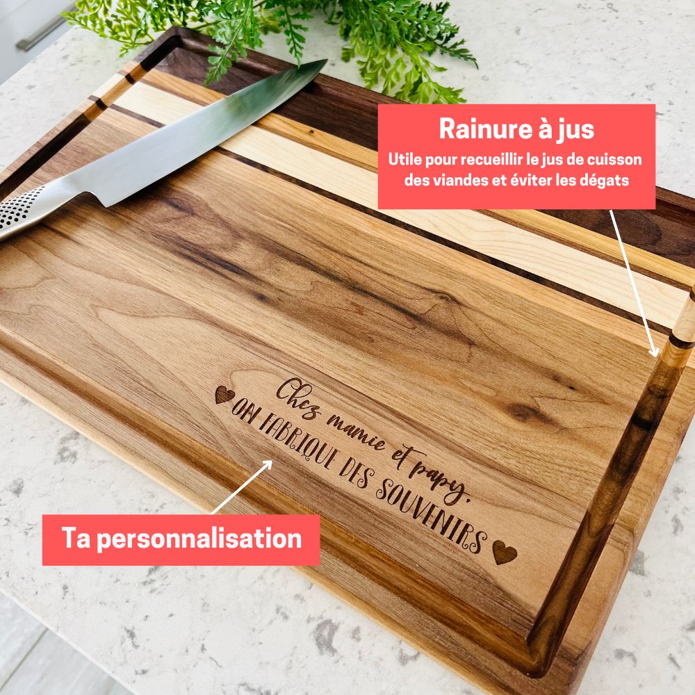 Planche à découper personnalisée en noyer noir avec insertions -rainure à jus-avantage-BoisFrancK