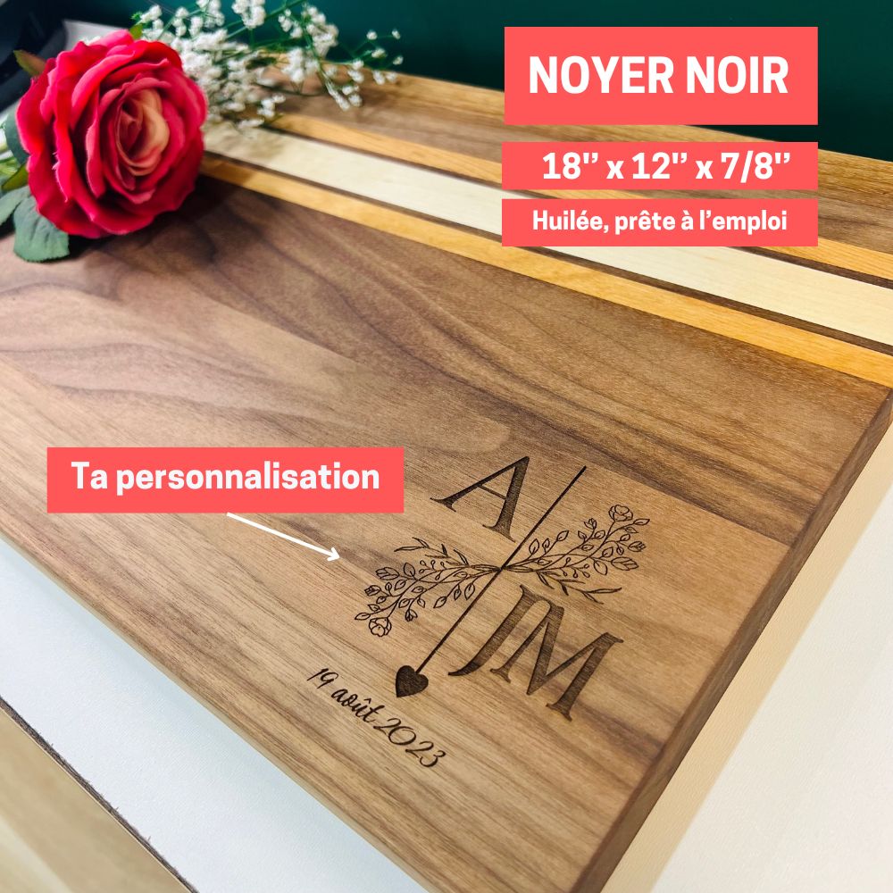 Planche à découper personnalisable en noyer noir avec insertions -spécifications dimensions-BoisFrancK-