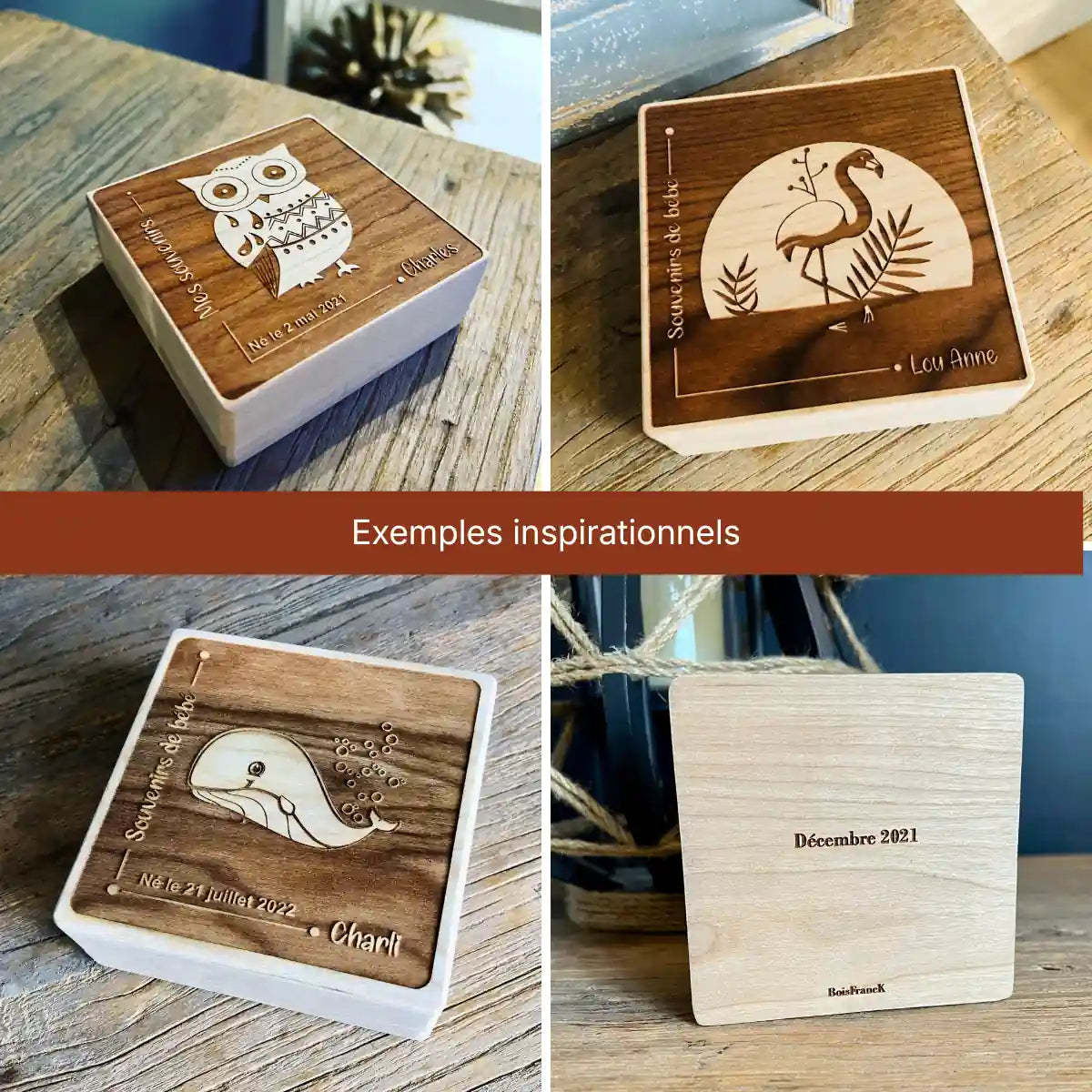 Gravure personnalisée - boîte souvenirs pour bébé - hibou charles - flamand Lou Anne- baleine Charlie - Endos personnalisable exemple date