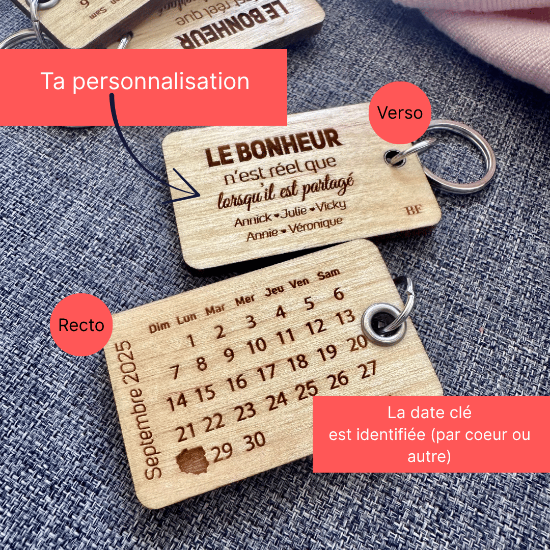 POrte-clé Save the date en bois personnalisé- indications personnalisation du calendrier et message -BoisfrancK