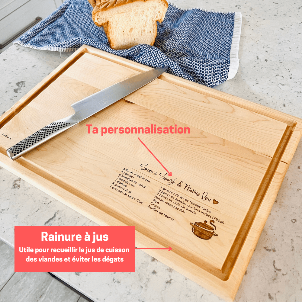 Explications détails planche à découper en bois faite au québec- personnalisée-érable-boisfranck