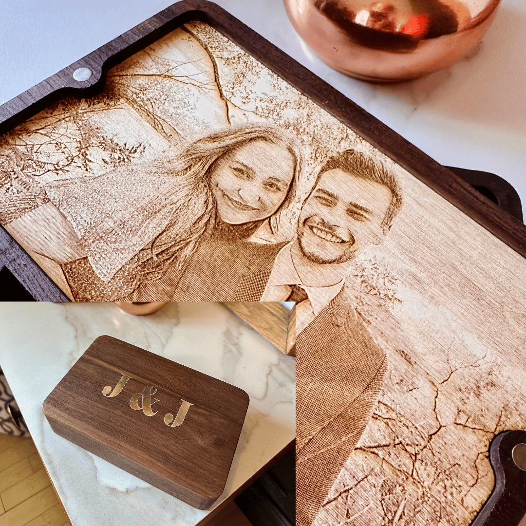 Exemple de photo gravé à l'intérieur de la boite à bijou en bois personnalisé