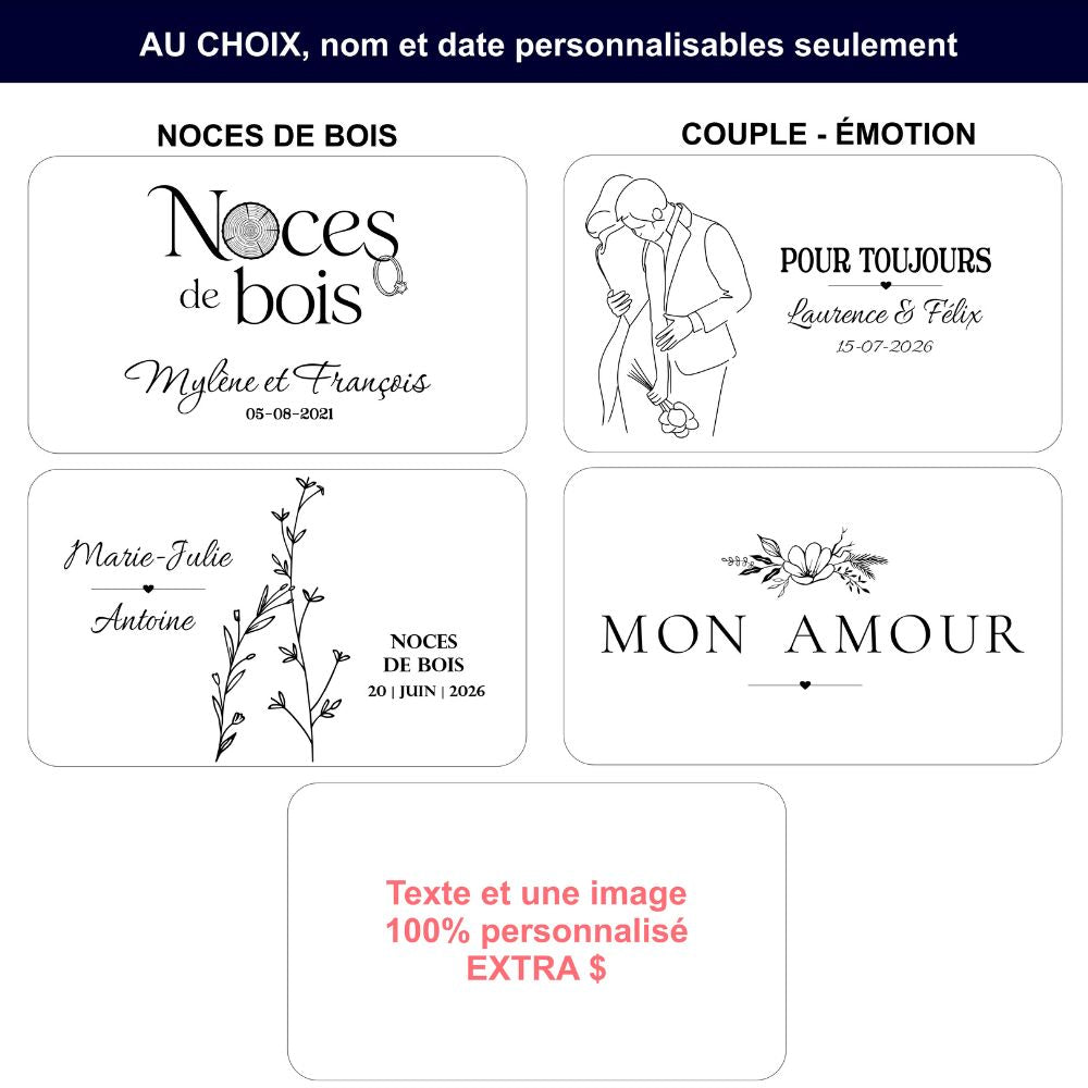 Boîte souvenirs personnalisés en bois - thématique pour gravure du couvercle: noces de bois et couple - émotions