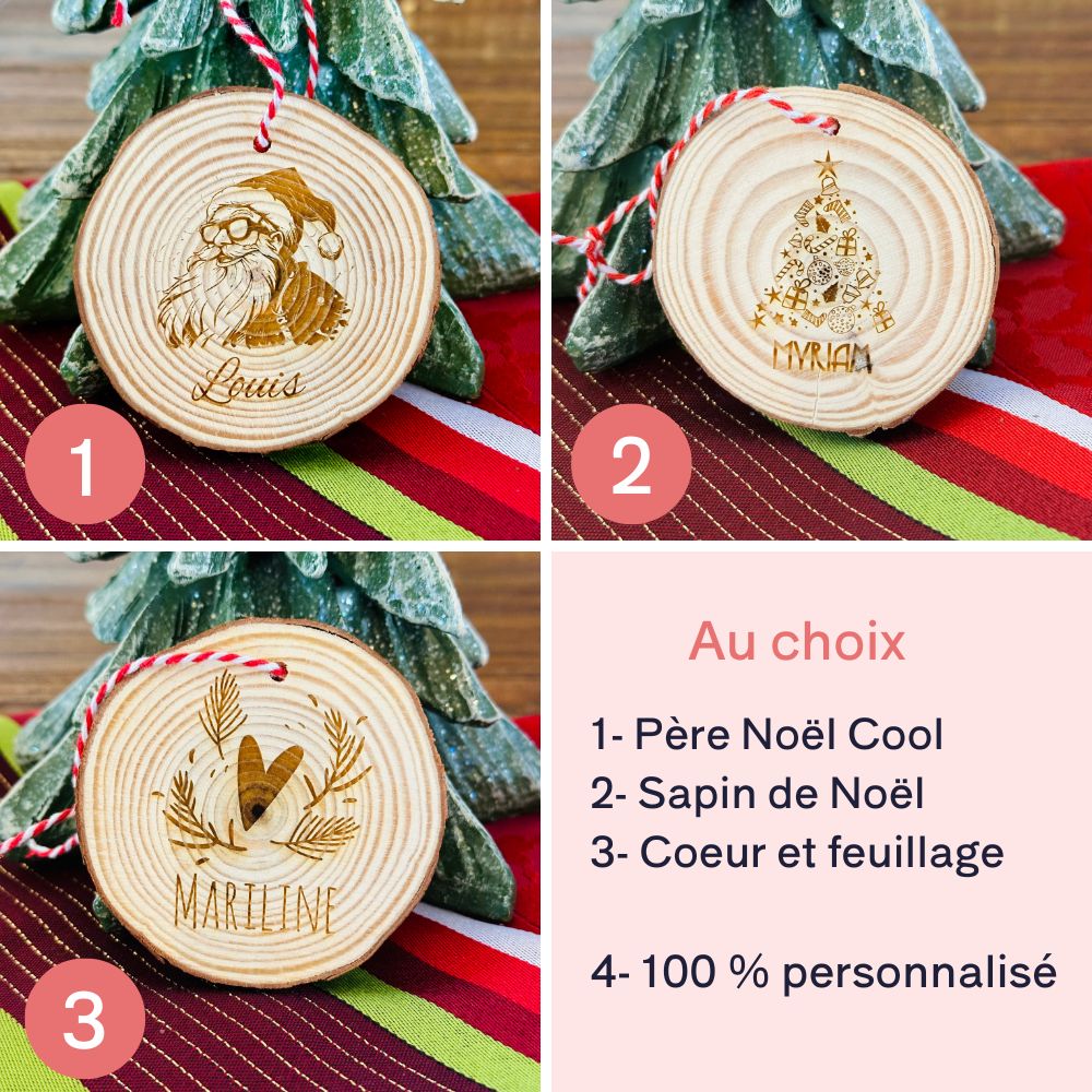 Boule de noel bois rondin 100 % personnalisée — image et texte au choix