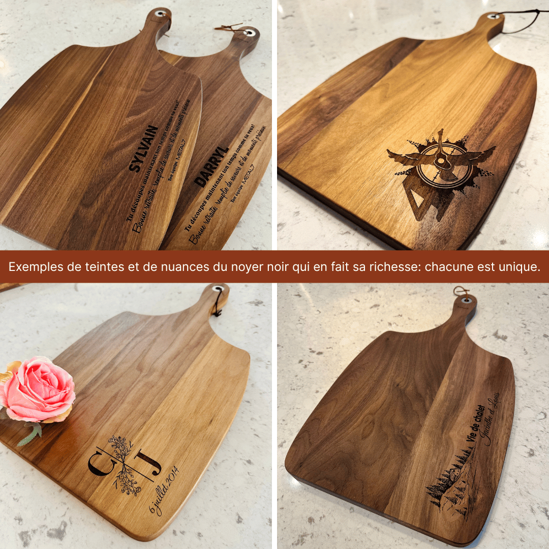 Planche de service en bois personnalisée noyer noir- démonstration teintes et nuances