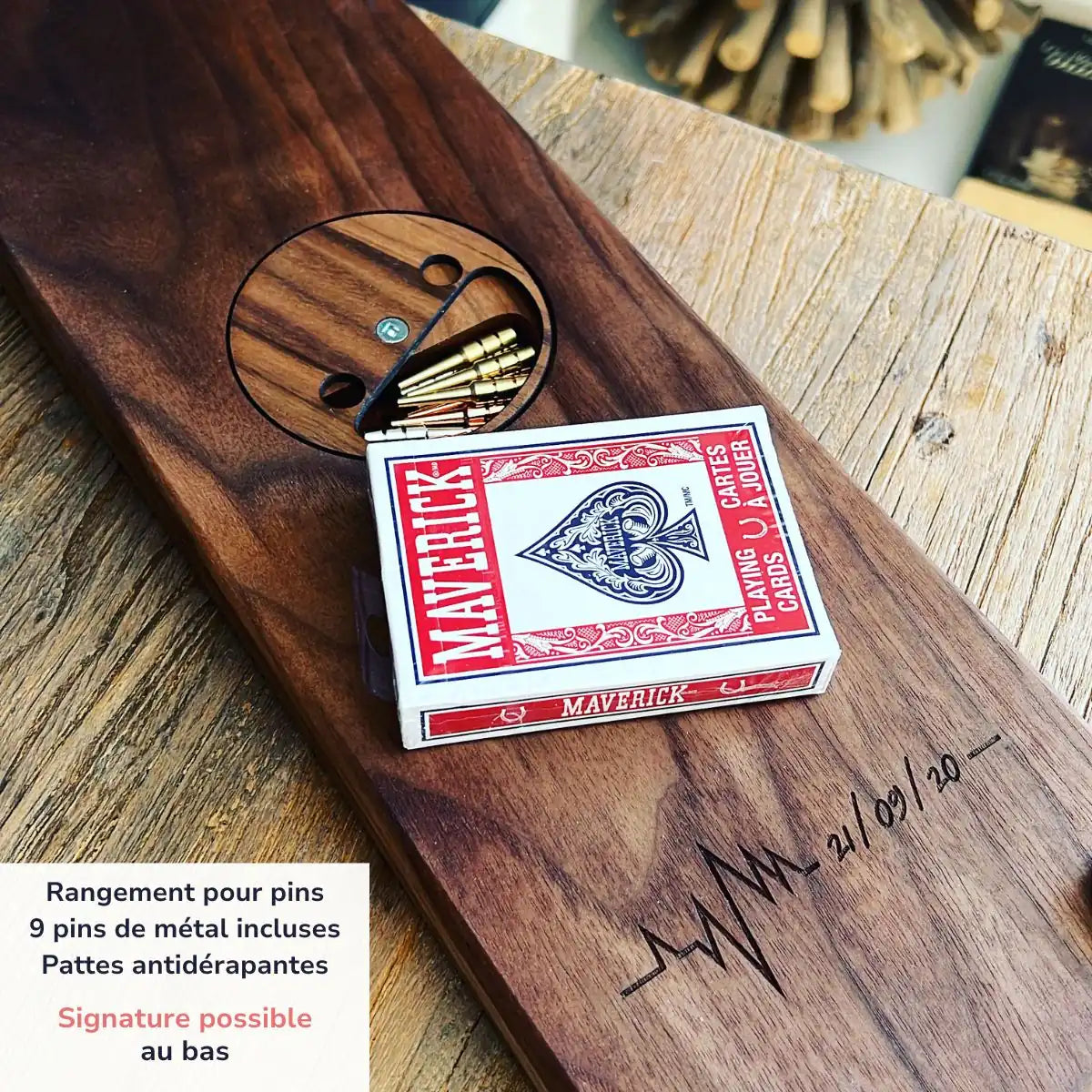 Jeu de crible personnalisé- signature au dos, pattes antidérapantes et rangement pour pins