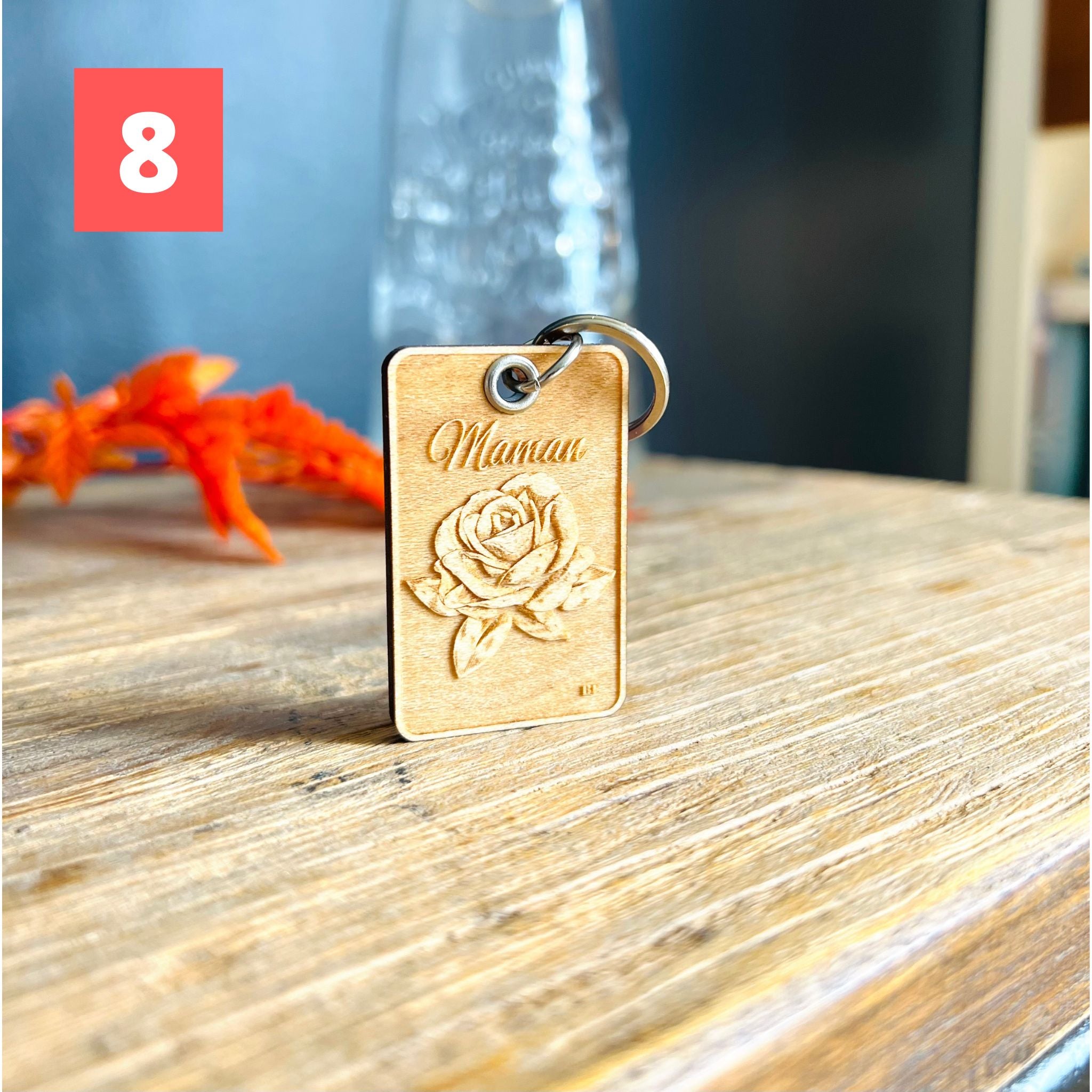 Porte clé en bois personnalisé- maman avec fleur-BoisFrancK