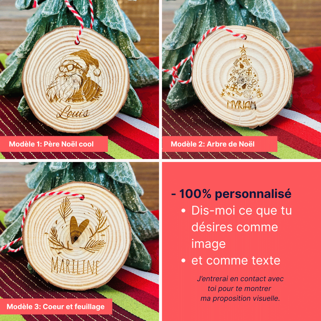 Boules de noel type rondin rustique- 3 modèles au choix avec prénom personnalisable ou 100% personnalisable