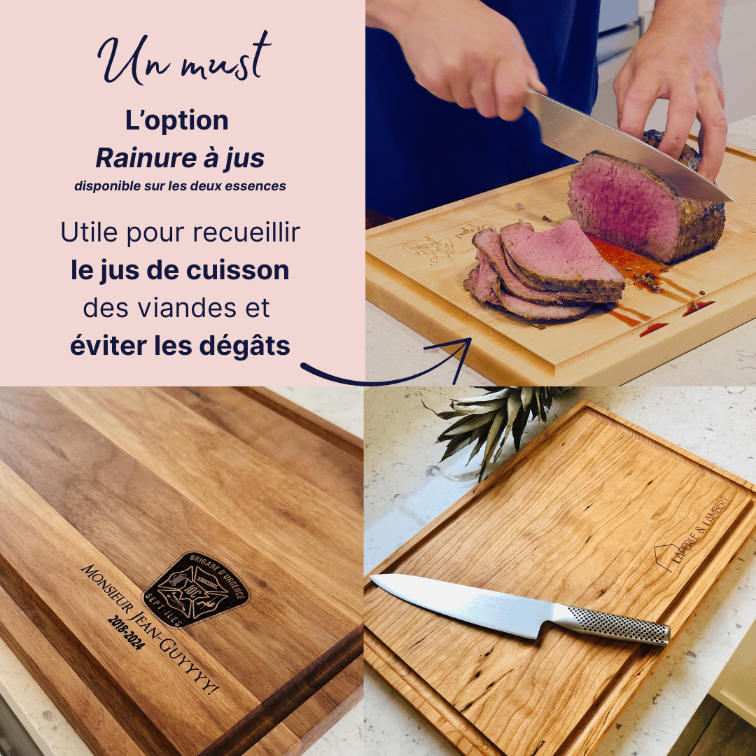 Planche à découper personnalisée en bois avec option rainure à jus- disponible sur ceriseir et noyer noir