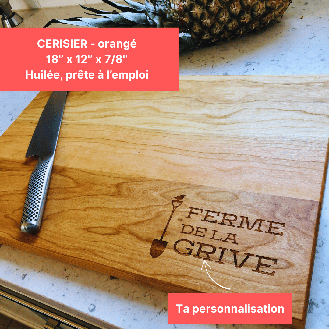 Planche à découper en bois personnalisée québec- gravure ferme de la grive, cerisier unie - specs-BoisFrancK