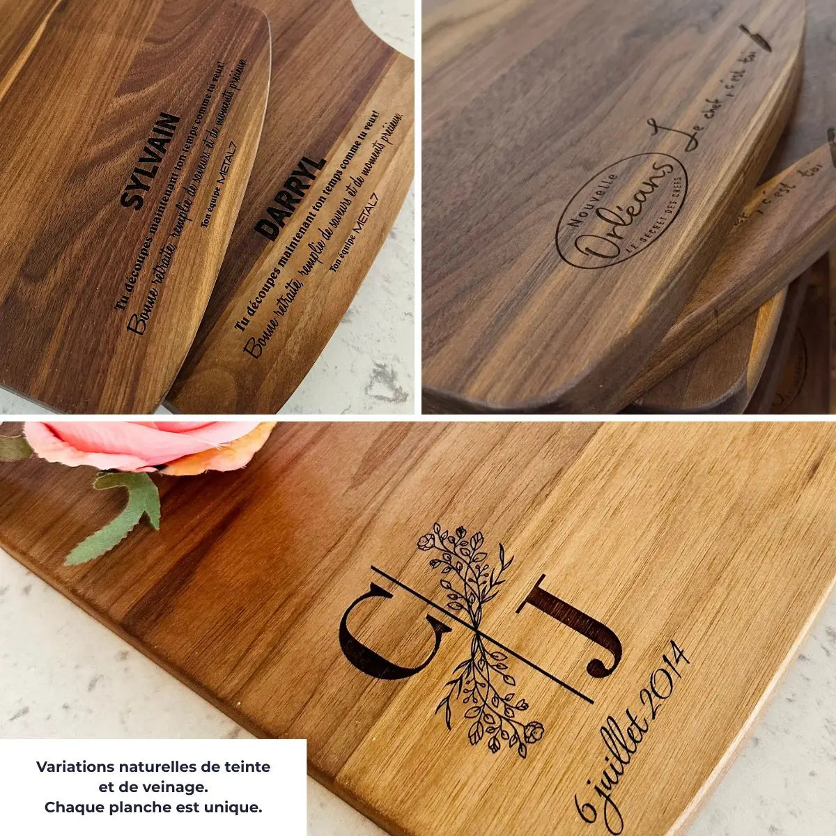 Planche de service en bois personnalisée noyer noir- démonstration teintes et nuances
