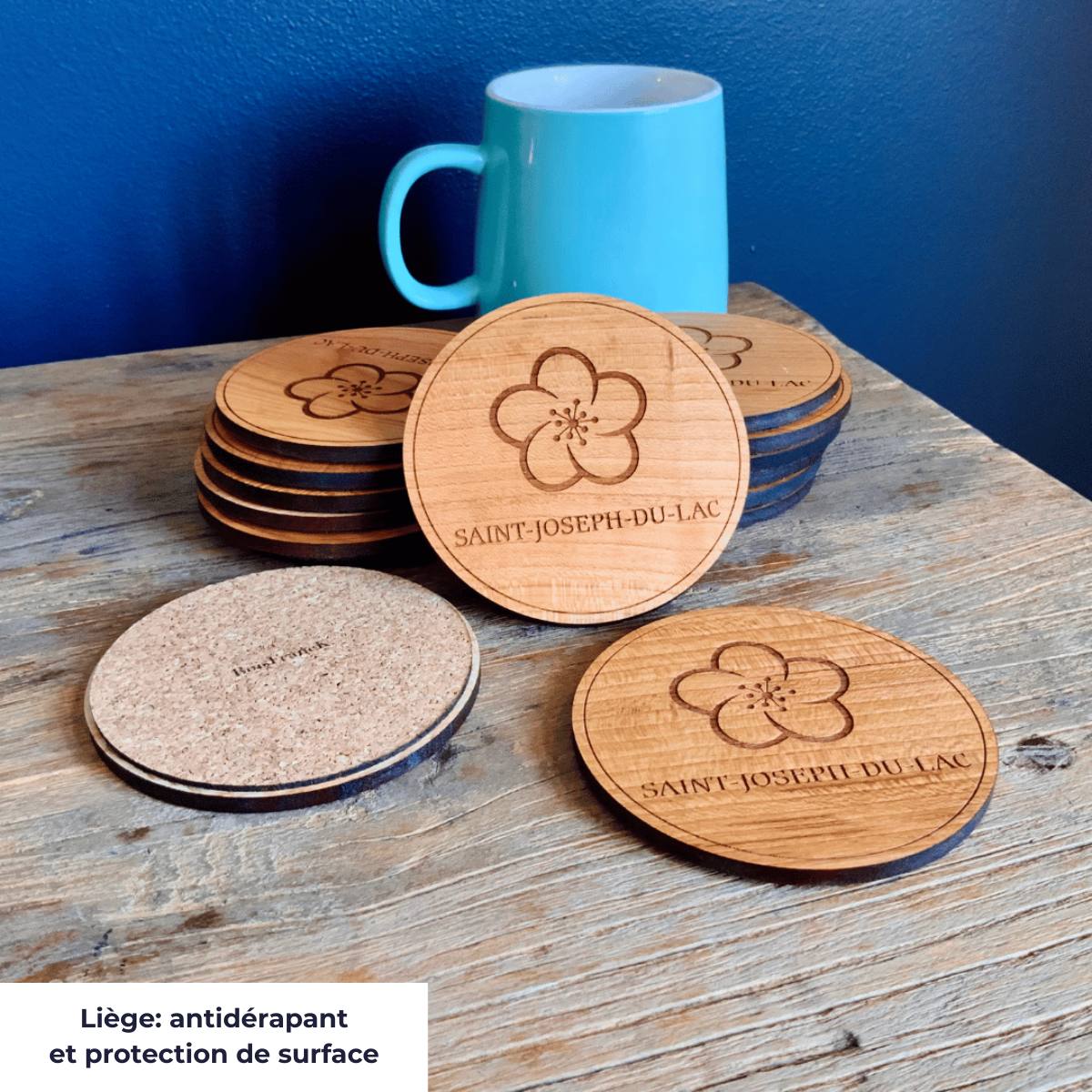 Sous-verres en bois avec liège et logo compagnie- BoisFrancK