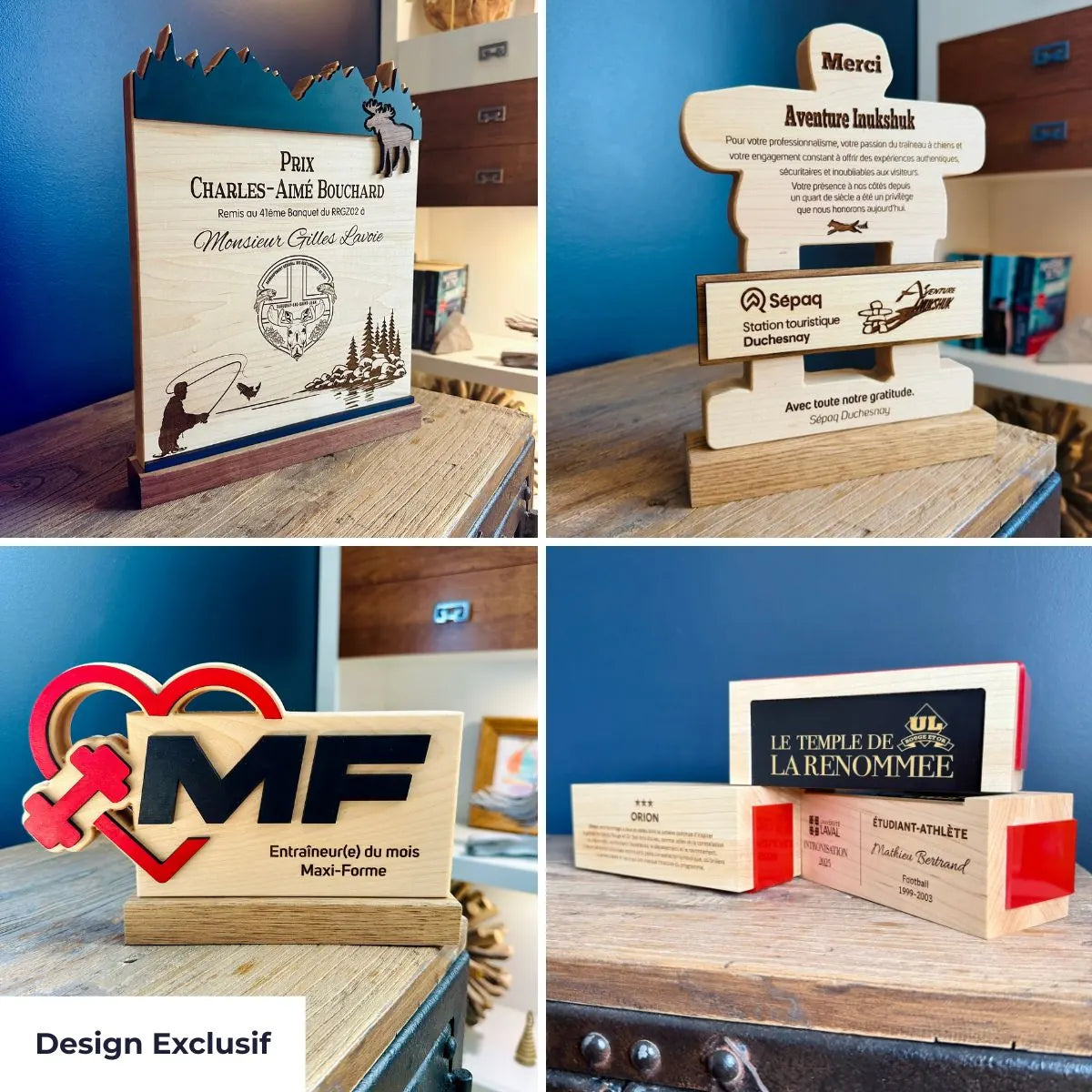 Trophée en bois personnalisé sur mesure avec design exclusif, relief et ajout de couleur  - grille photo