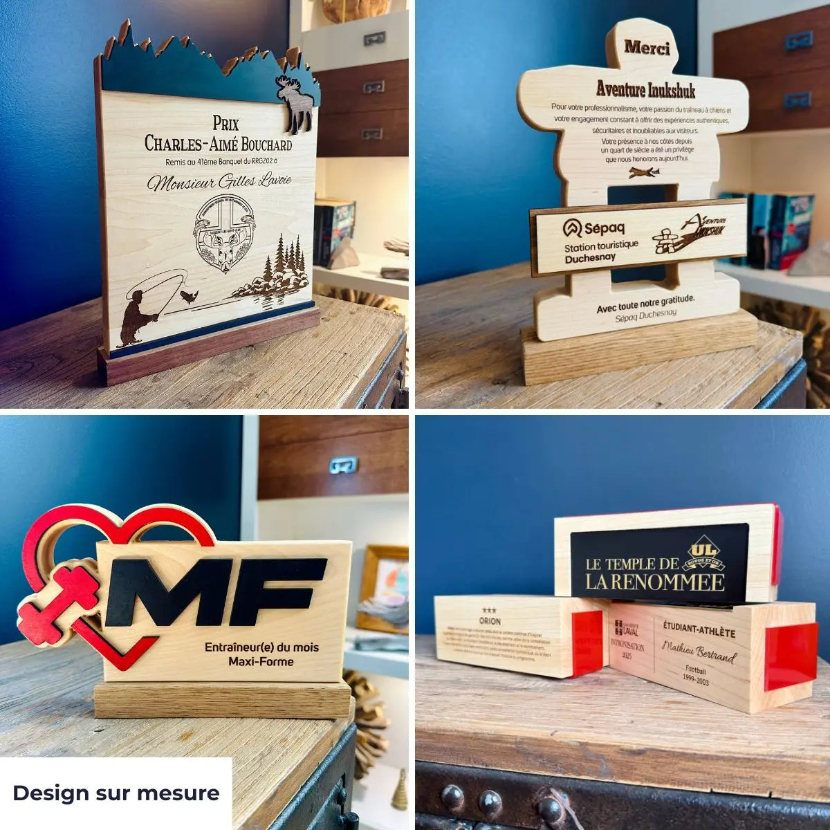 Trophée en bois personnalisé sur mesure avec design exclusif, relief et ajout de couleur  - grille photo