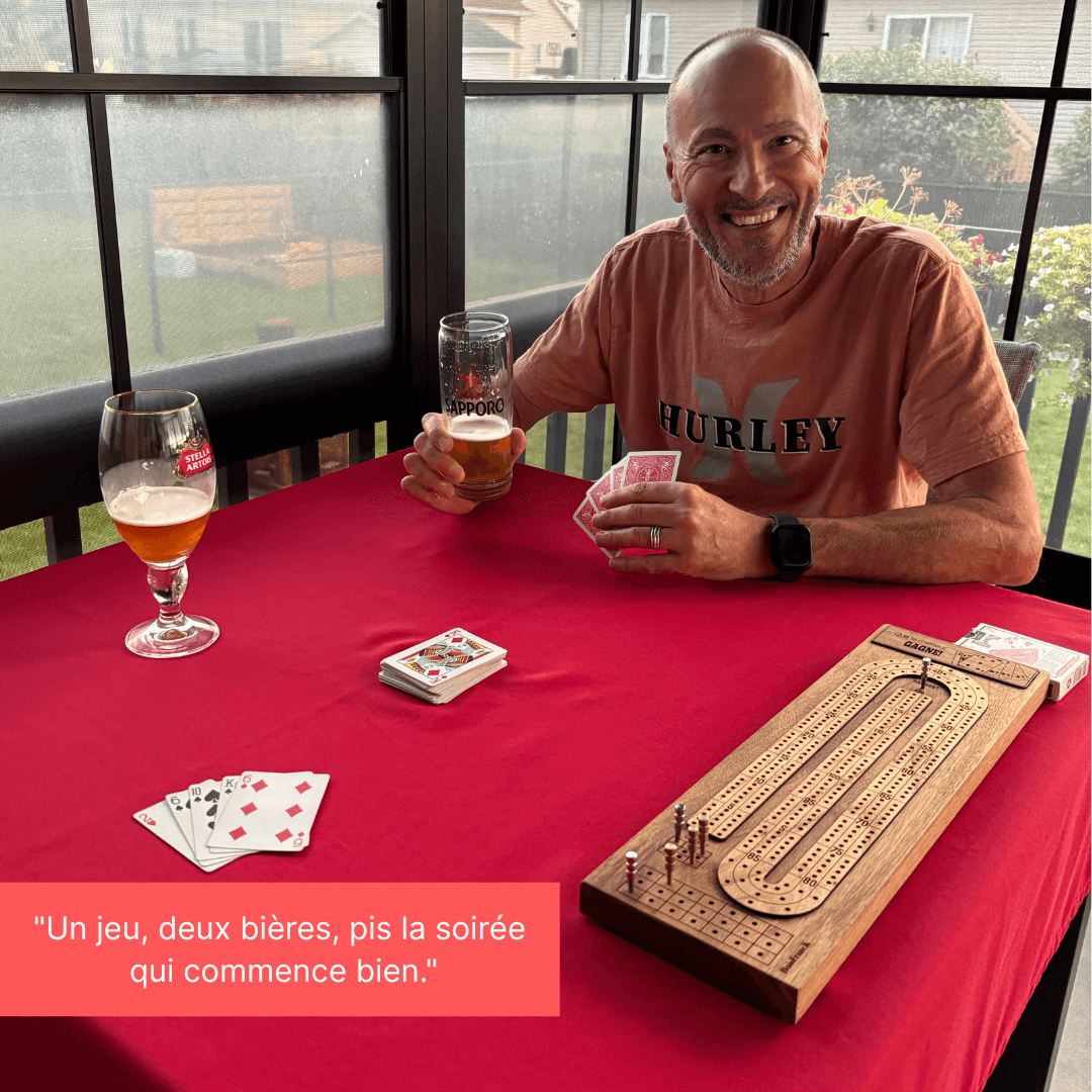 Jeu de crible personnalisée de luxe- un client qui joue avec sa femme autour d'une bière