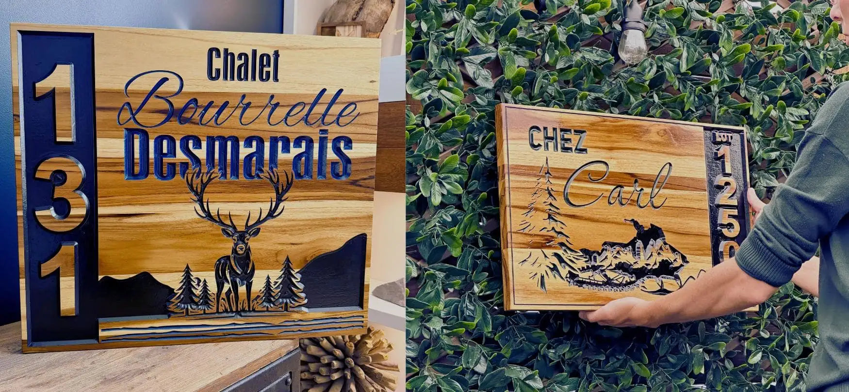 Visuel de deux réalisations de pancartes extérieures personnalisées pour chalet - BoisFrancK