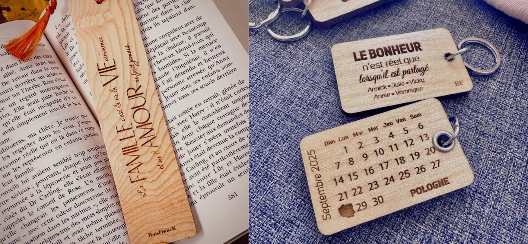 Double photo d'un signet personnalisé et de porte-clés personnalisés-BoisFrancK