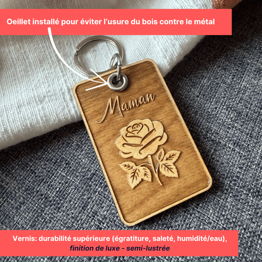 porte-clé personnalisé en bois pour la fête des mères- gravure maman avec fleur -  qualité de luxe-BoisFrancK