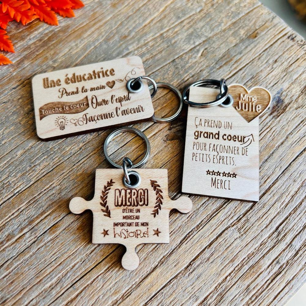 3 formes de porte-clé en bois pour enseignant — casse-tête, rectangulaire cœur, rectangulaire — BoisFrancK