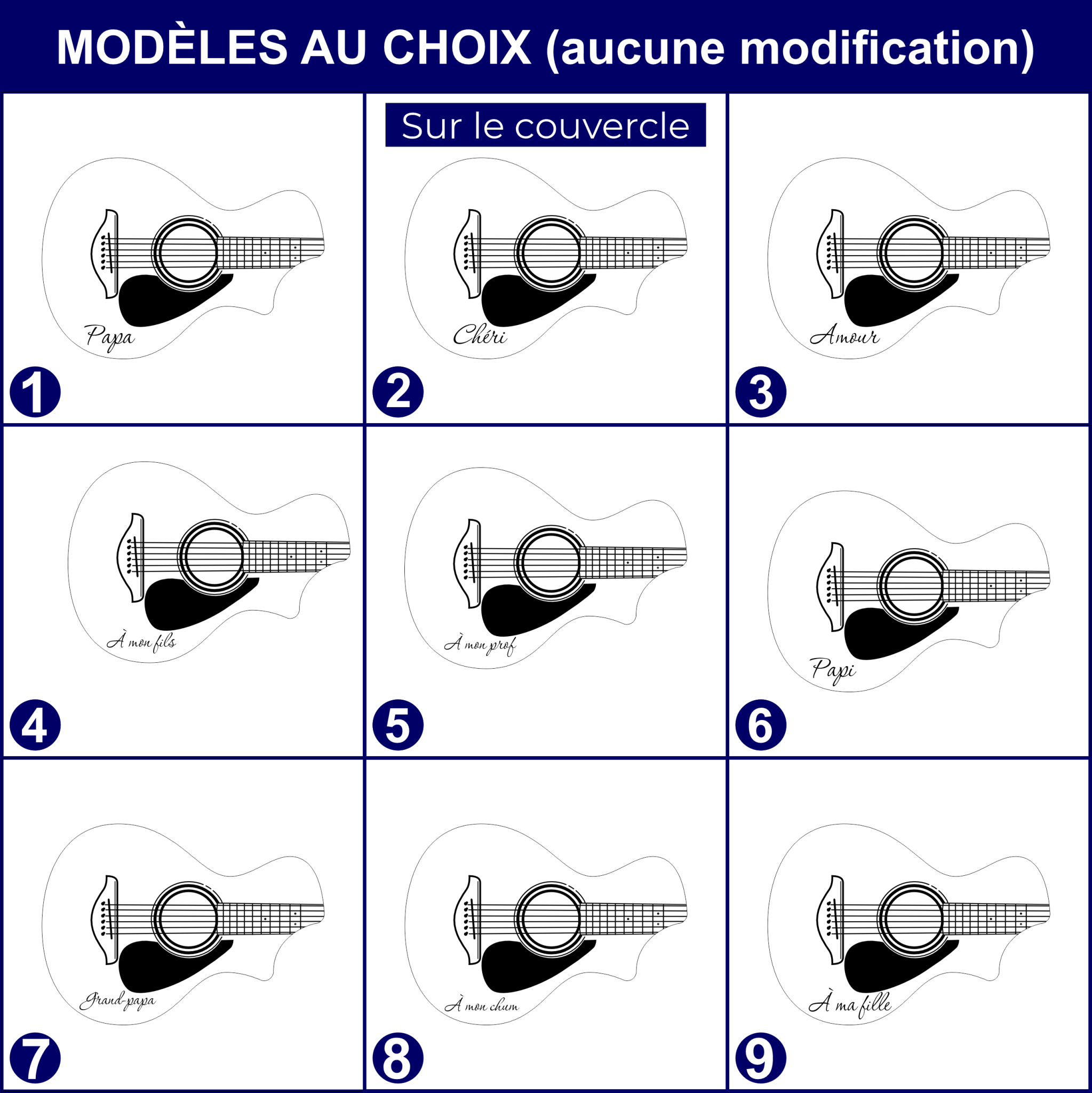 Modèles aux choix pour le texte sur le couvercle de la boîte à pics en bois  disposés dans un tableau- BoisFrancK