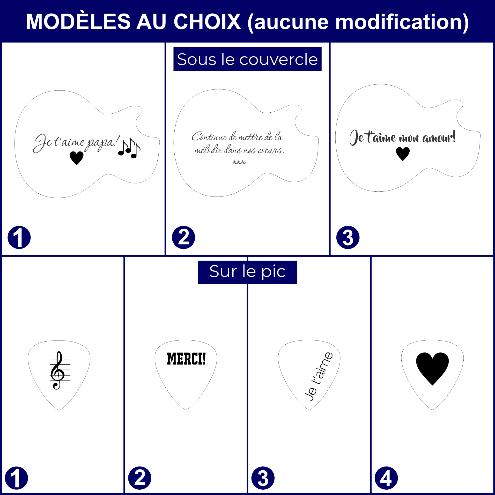 Modèles au choix pour le texte sous le couvercle et sur le pic de la boîte à pic en bois disposés dans un tableau- BoisFrancK